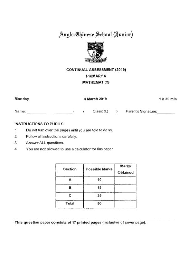 First page preview of P6 Math 2019 WA1 — Anglo Chinese