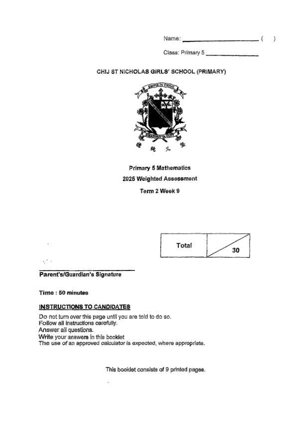First page preview of P5 Math 2025 WA2 — CHIJ