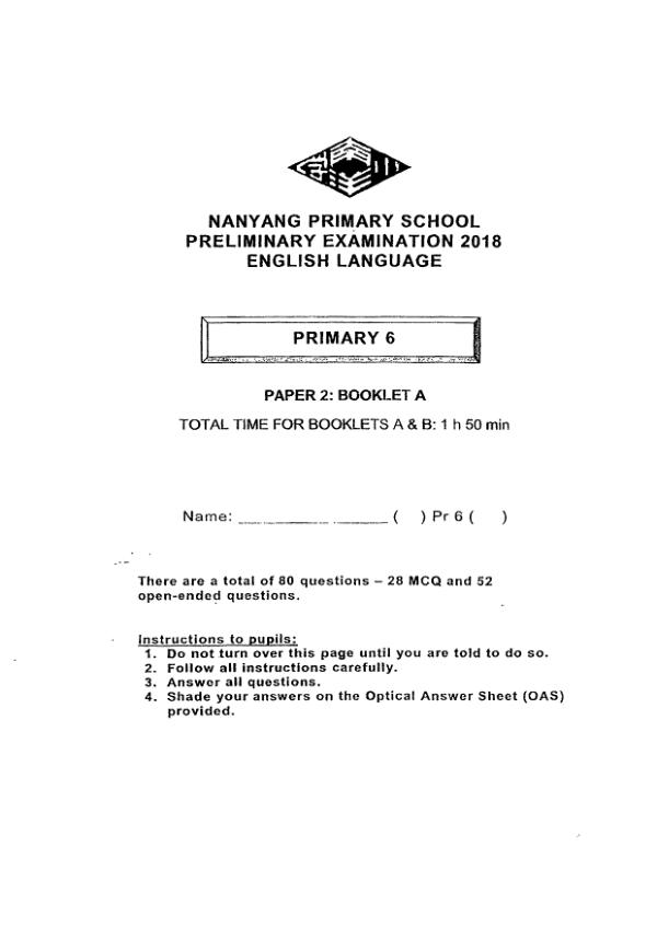 Nanyang P6 Eng SA2 2018 exam paper PDF first page preview