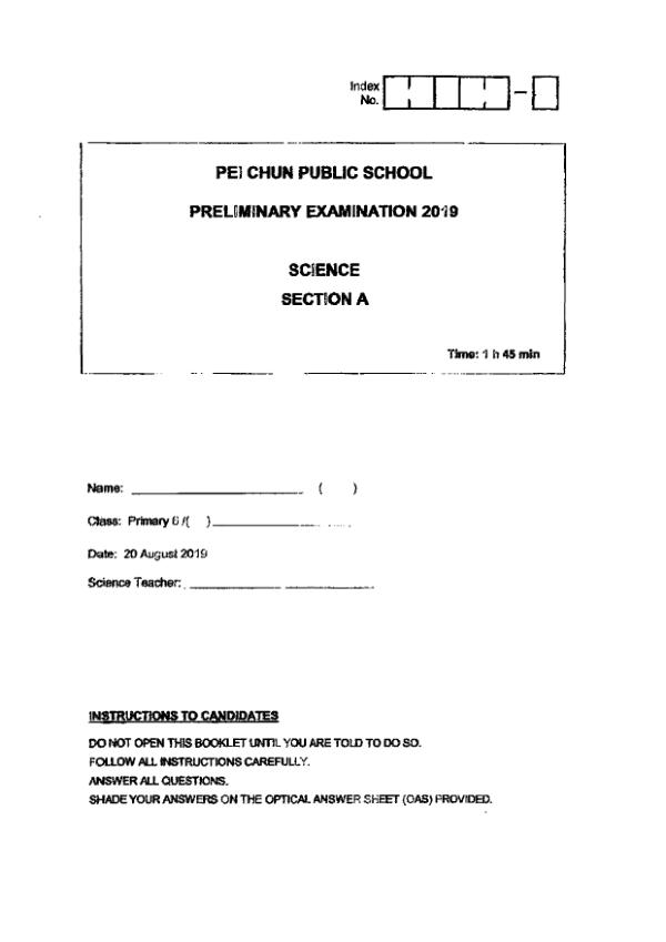Pei Chun P6 Sci SA2 2019 exam paper PDF first page preview