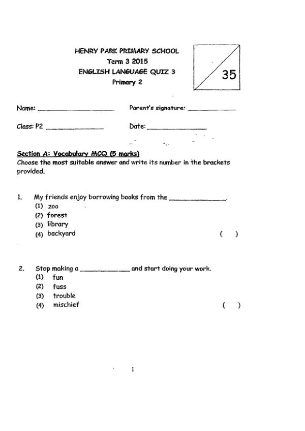 Henry Park P2 Eng WA3 2015 exam paper PDF first page preview