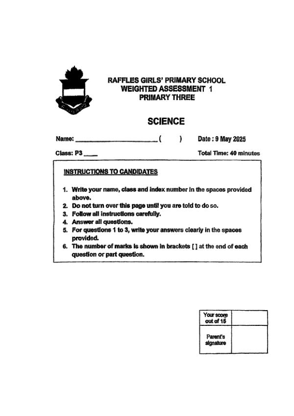 First page preview of P3 Sci 2025 WA1 — Raffles Girls
