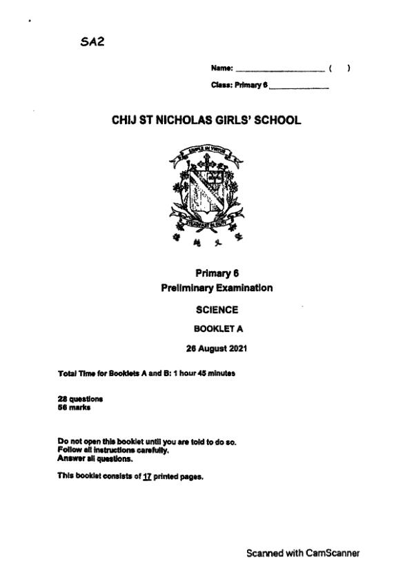 CHIJ P6 Sci SA2 2021 exam paper PDF first page preview