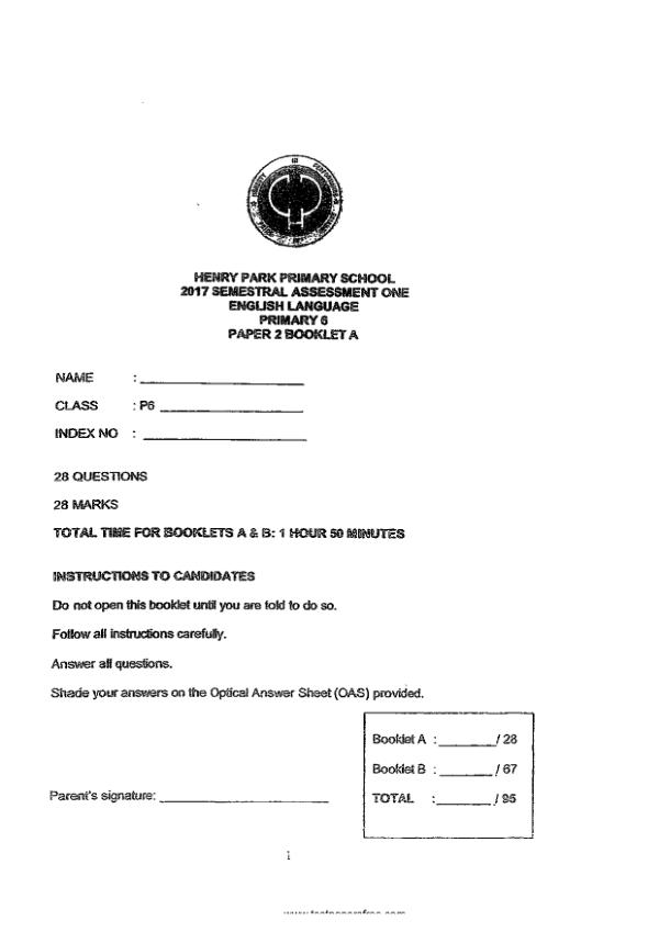 Henry Park P6 Eng WA2 2017 exam paper PDF first page preview