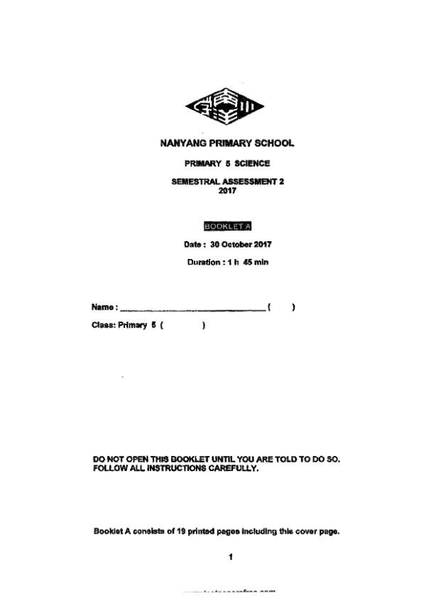 Nanyang P5 Sci SA2 2017 exam paper PDF first page preview
