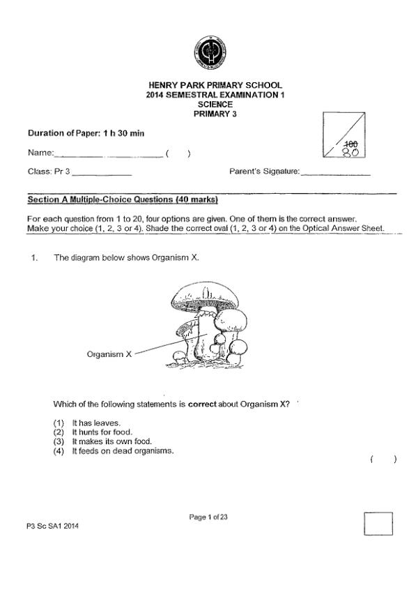 Henry Park P3 Sci WA2 2014 exam paper PDF preview