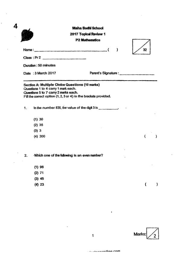 First page preview of P2 Math 2017 WA1 — Maha Bodhi