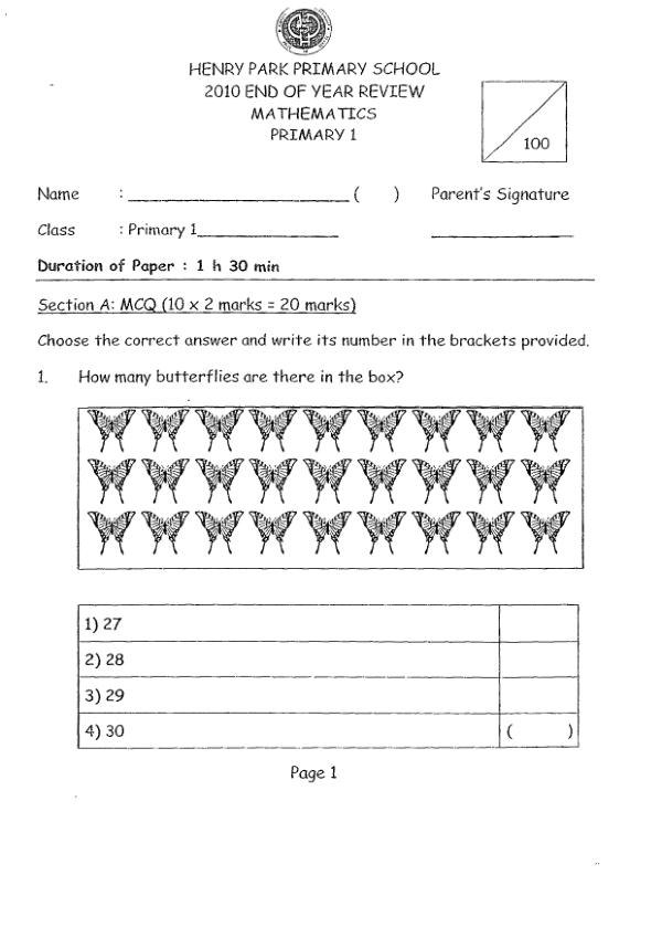 Henry Park P1 Math SA2 2010 exam paper PDF preview