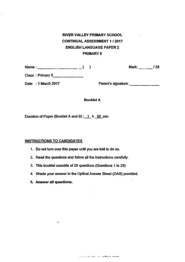 River Valley P5 Eng WA1 2017 exam paper PDF preview