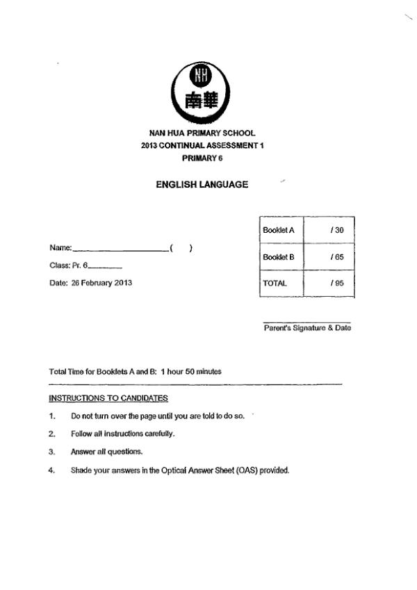 Nan Hua P6 Eng WA1 2013 exam paper PDF preview