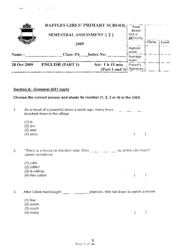 Raffles Girls P4 Eng SA2 2009 exam paper PDF first page preview