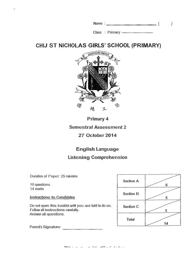 CHIJ P4 Eng SA2 2014 exam paper PDF first page preview