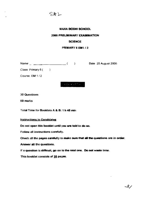 Maha Bodhi P6 Sci SA2 2005 exam paper PDF first page preview