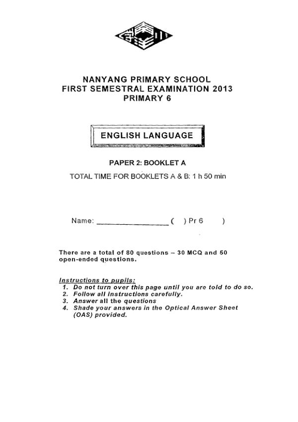 Nanyang P6 Eng WA2 2013 exam paper PDF first page preview