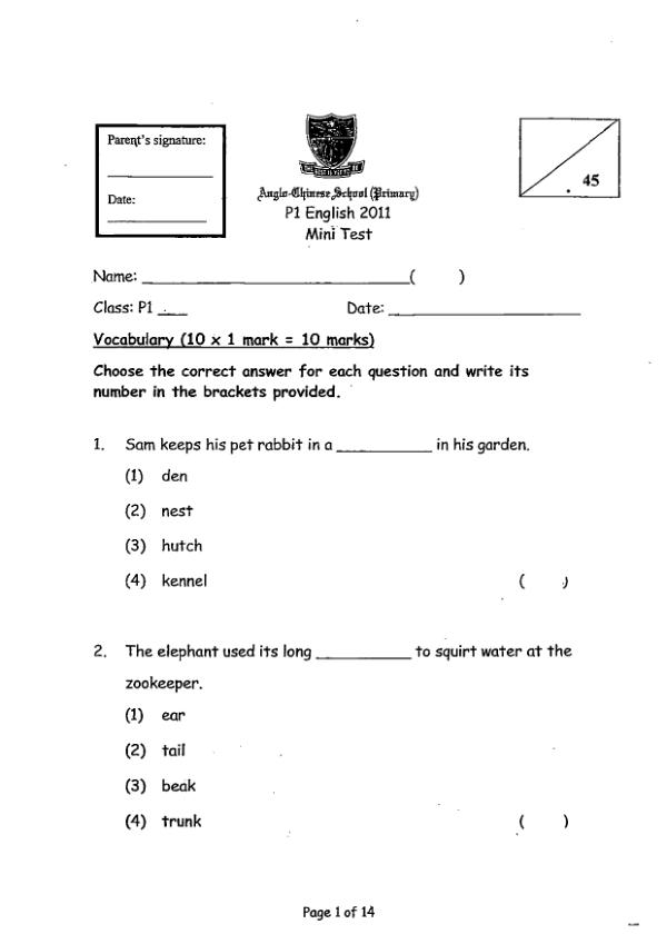Anglo Chinese P1 Eng SA2 2011 exam paper PDF preview