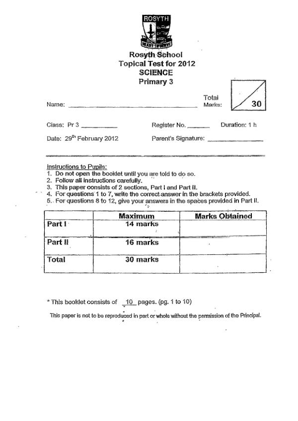 Rosyth P3 Sci WA1 2012 exam paper PDF preview