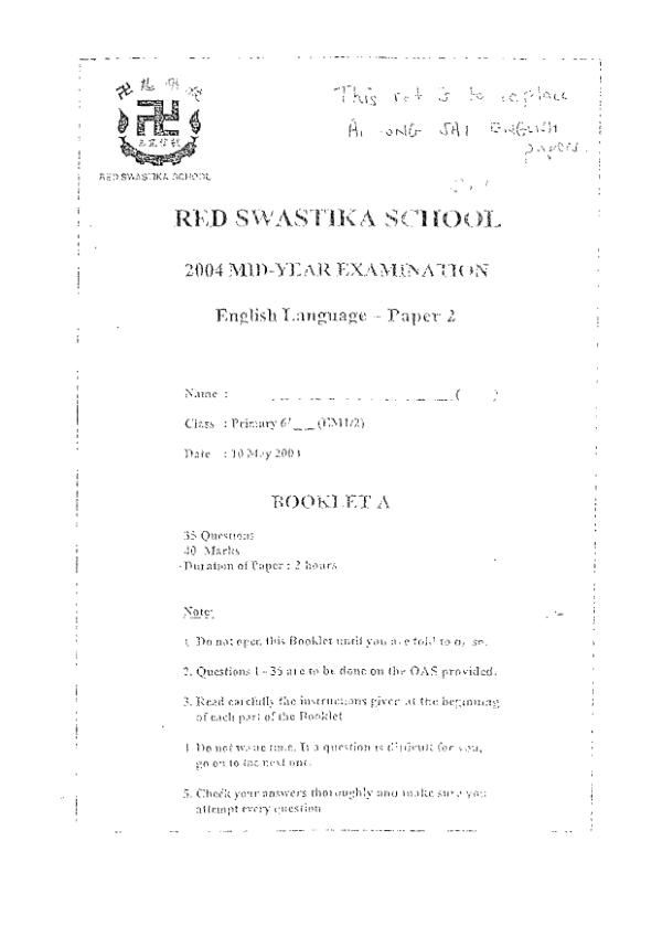 Red Swastika P6 Eng WA2 2004 exam paper PDF first page preview