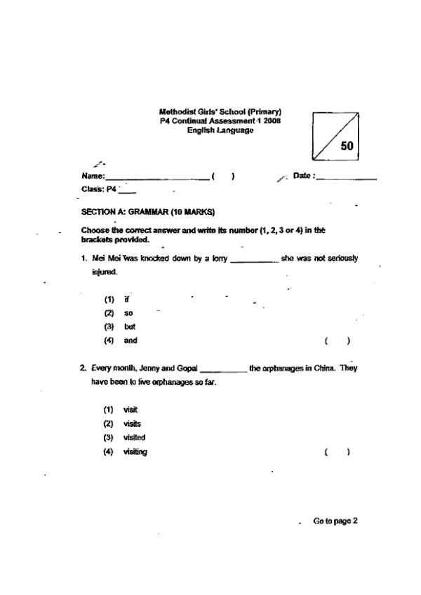Methodist Girls P4 Eng WA1 2008 exam paper PDF first page preview