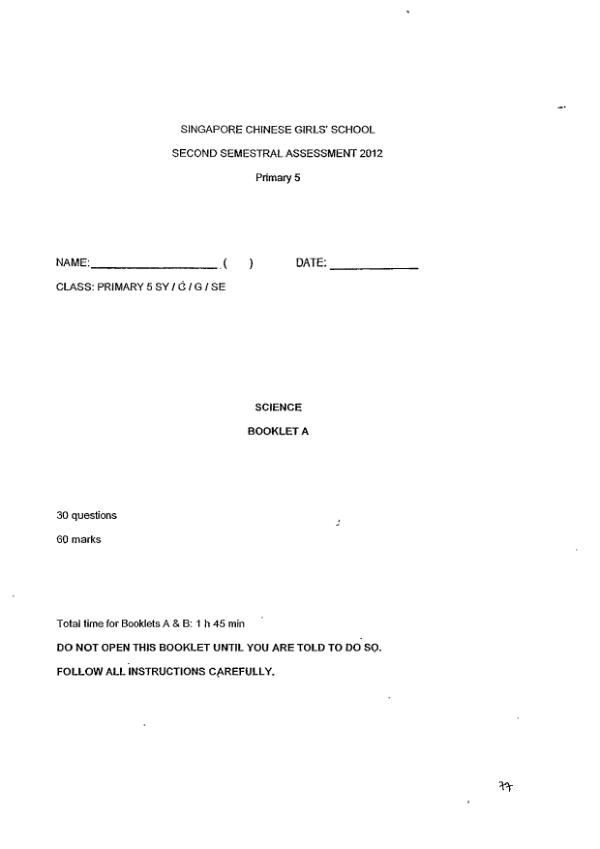 Singapore Chinese Girls P5 Sci SA2 2012 exam paper PDF preview