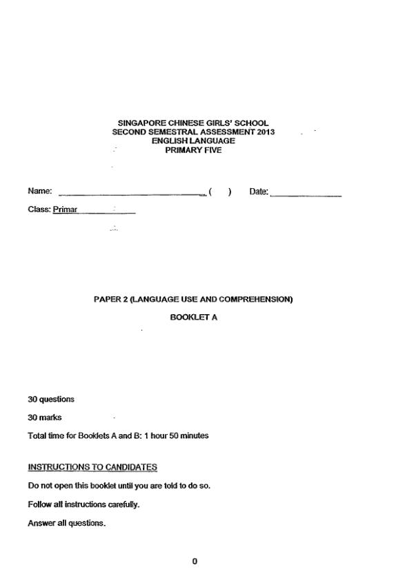 Singapore Chinese Girls P5 Eng SA2 2013 exam paper PDF first page preview