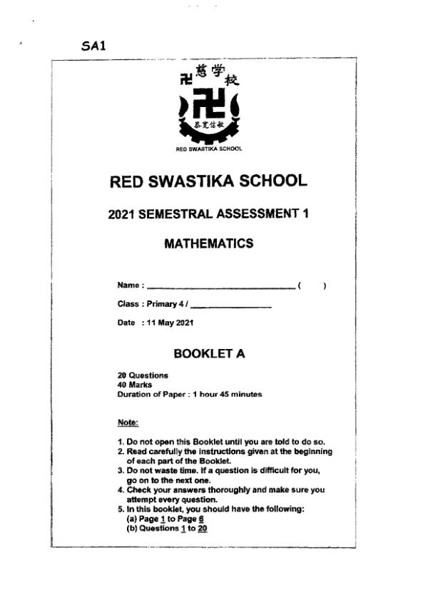 First page preview of P4 Math 2021 WA2 — Red Swastika