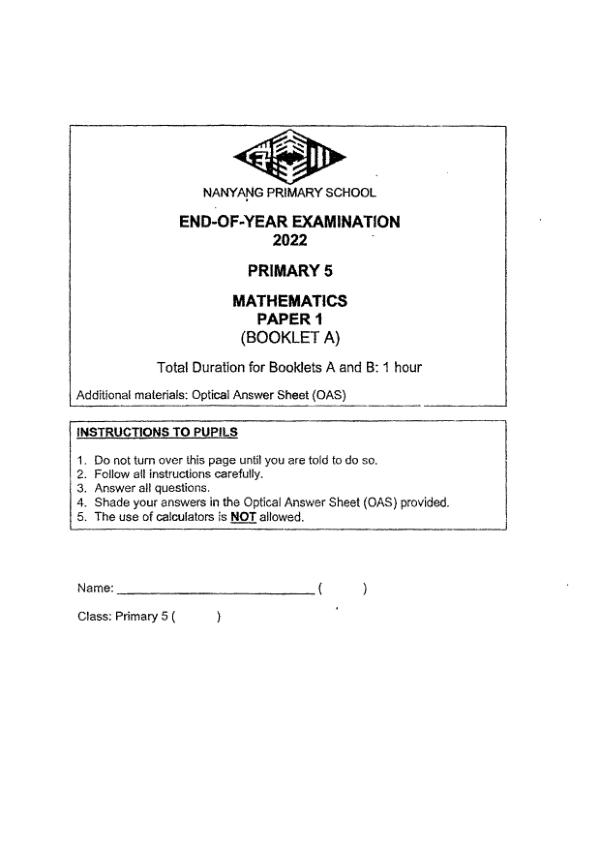 First page preview of P5 Math 2022 SA2 — Nanyang