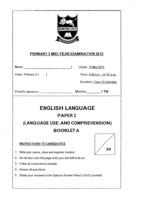 Tao Nan P3 Eng WA2 2013 exam paper PDF first page preview