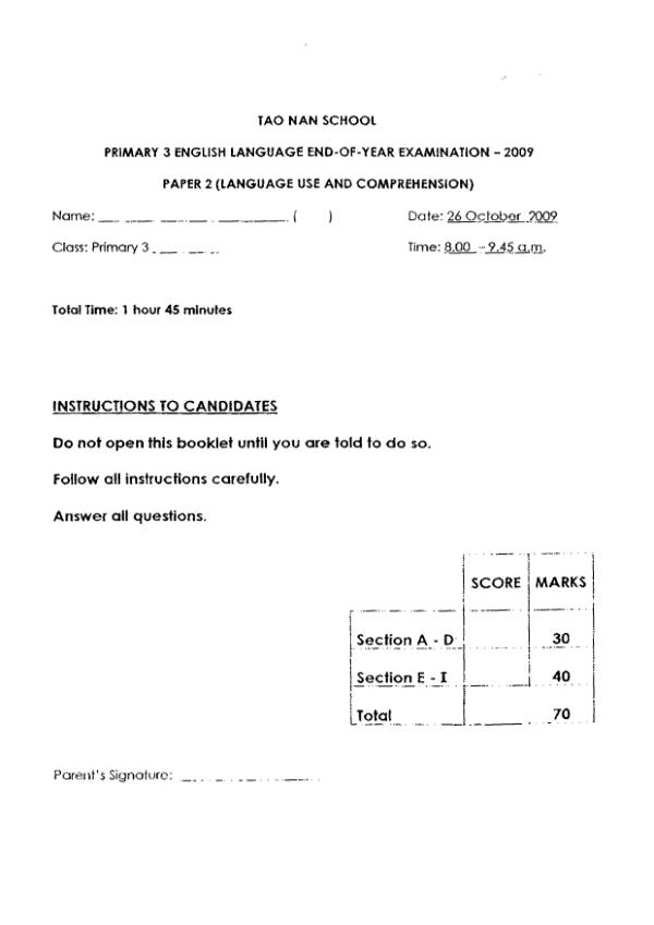 Tao Nan P3 Eng SA2 2009 exam paper PDF preview