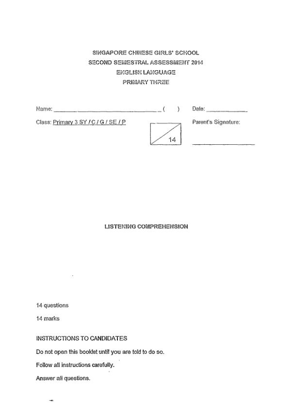 Singapore Chinese Girls P3 Eng SA2 2014 exam paper PDF preview
