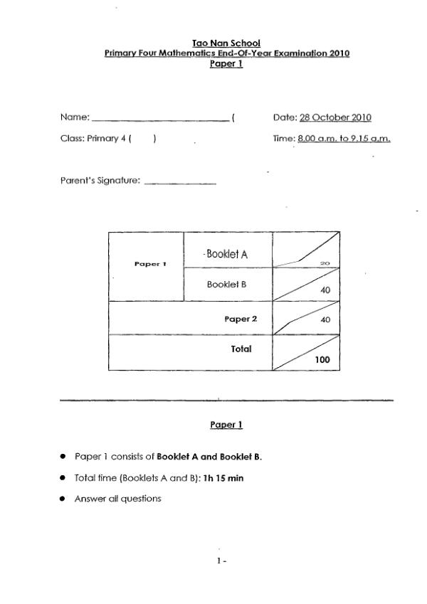 Tao Nan P4 Math SA2 2010 exam paper PDF preview