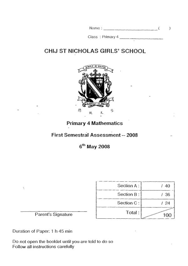 CHIJ P4 Math WA2 2008 exam paper PDF preview