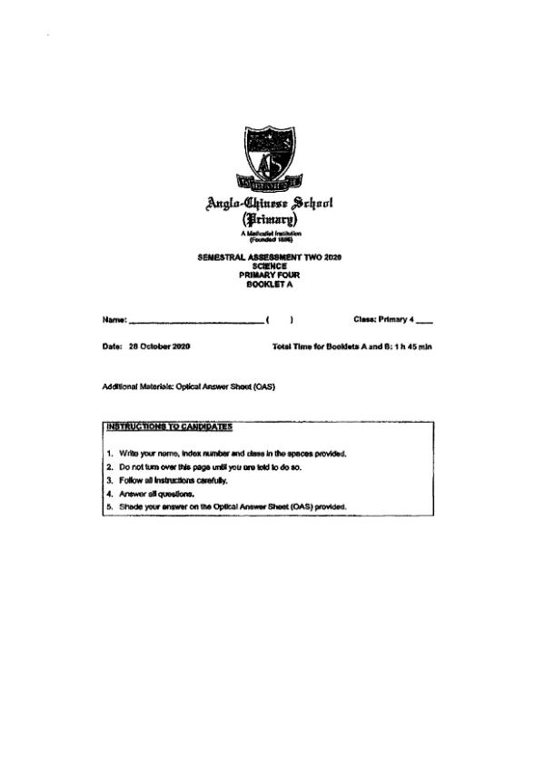 Anglo Chinese P4 Sci SA2 2020 exam paper PDF preview