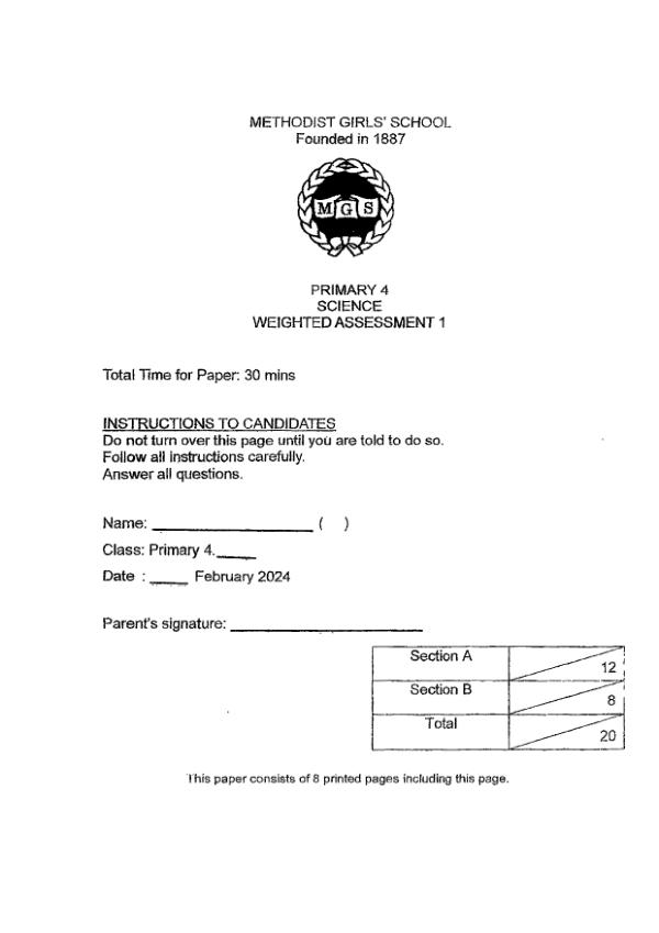 First page preview of P4 Sci 2024 WA1 — Methodist Girls