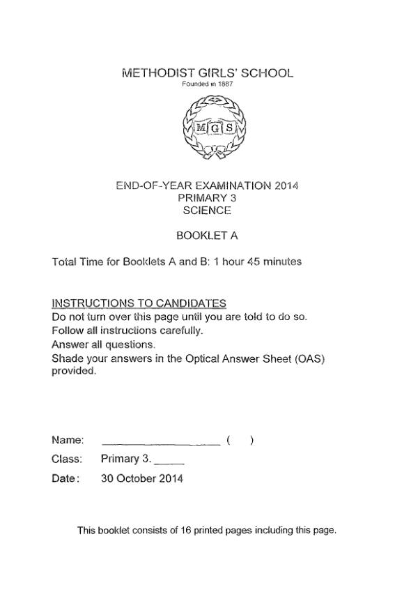 Methodist Girls P3 Sci SA2 2014 exam paper PDF first page preview