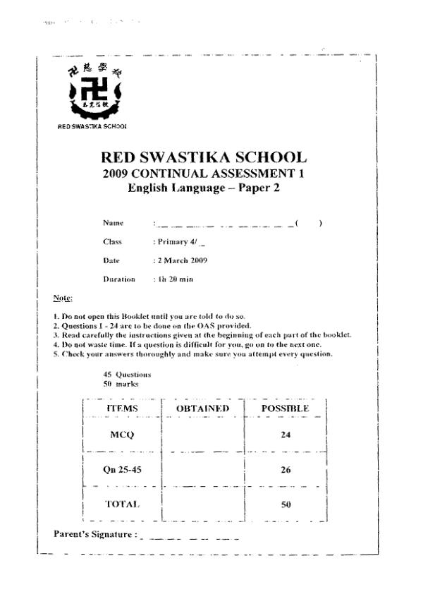 Red Swastika P4 Eng WA1 2009 exam paper PDF preview