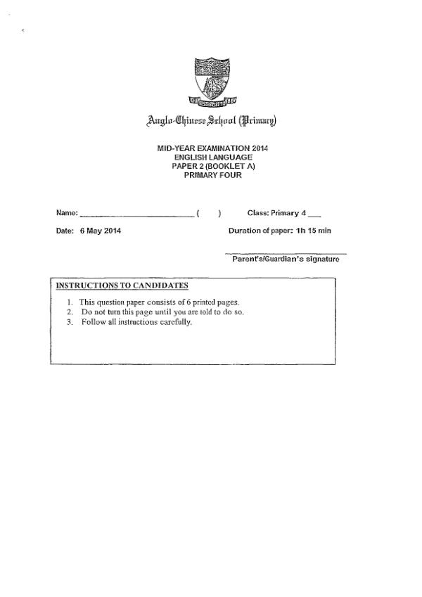 Anglo Chinese P4 Eng WA2 2014 exam paper PDF preview