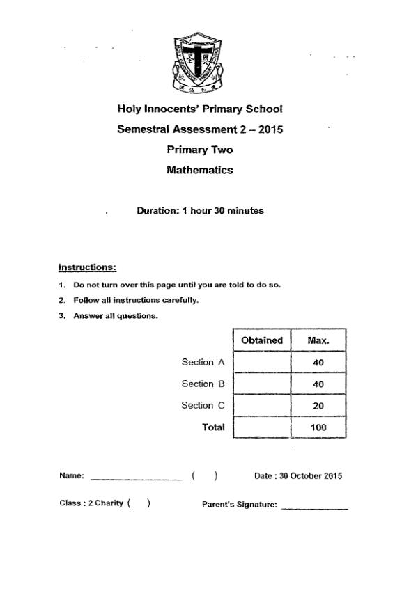 First page preview of P2 Math 2015 SA2 — Holy Innocents