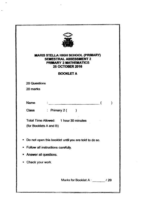 First page preview of P2 Math 2016 SA2 — Maris Stella High