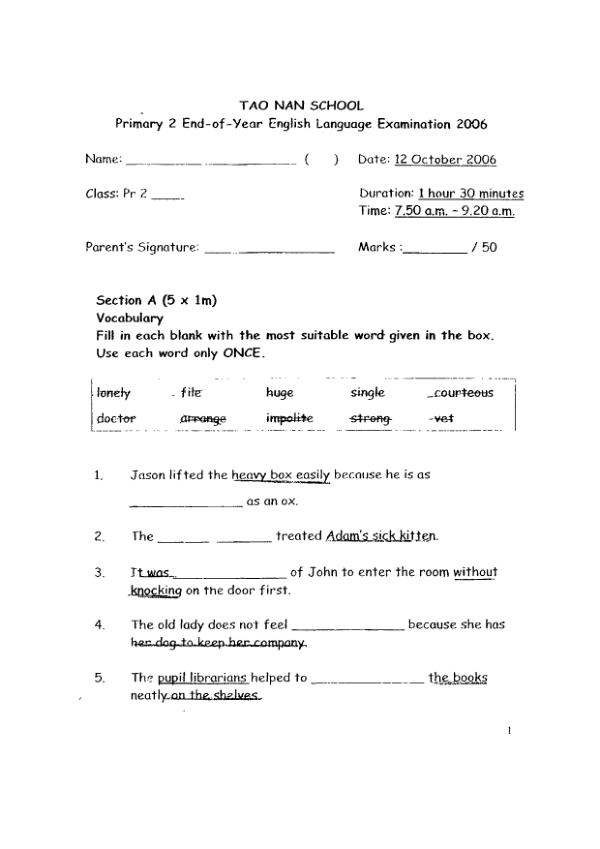 Tao Nan P2 Eng SA2 2006 exam paper PDF preview