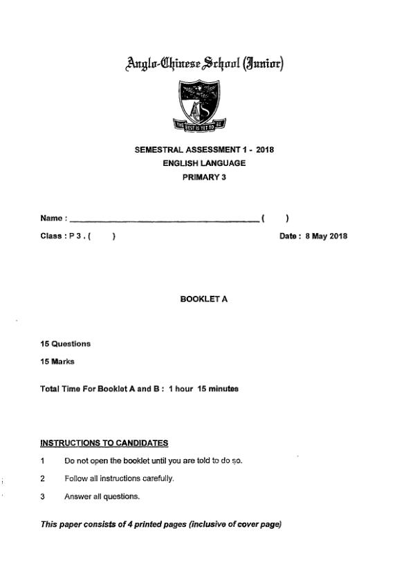 Anglo Chinese P3 Eng WA2 2018 exam paper PDF first page preview