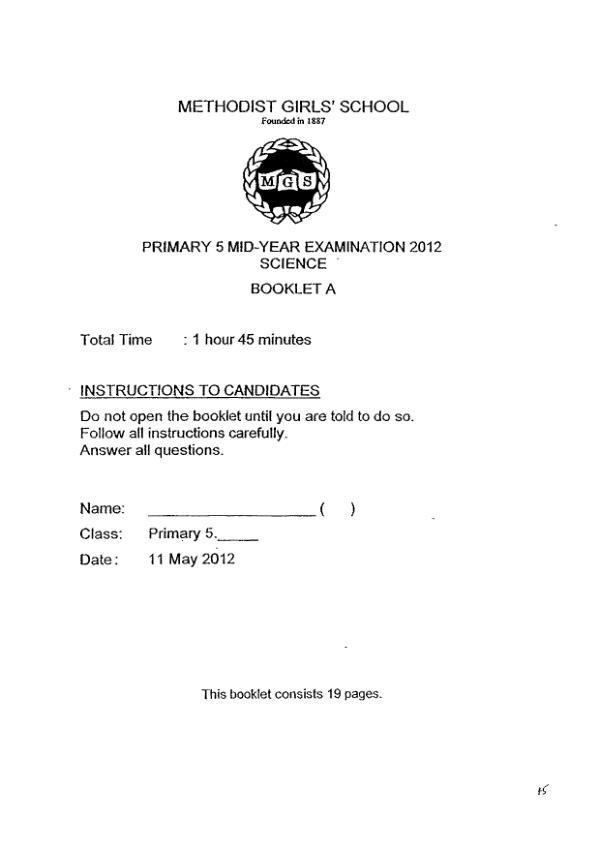Methodist Girls P5 Sci SA2 2012 exam paper PDF preview
