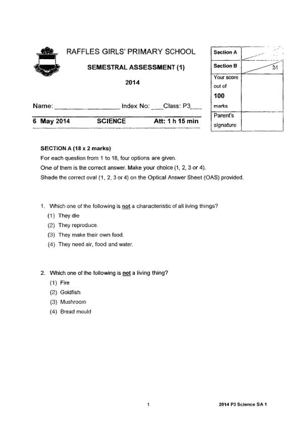 Raffles Girls P3 Sci WA2 2014 exam paper PDF first page preview