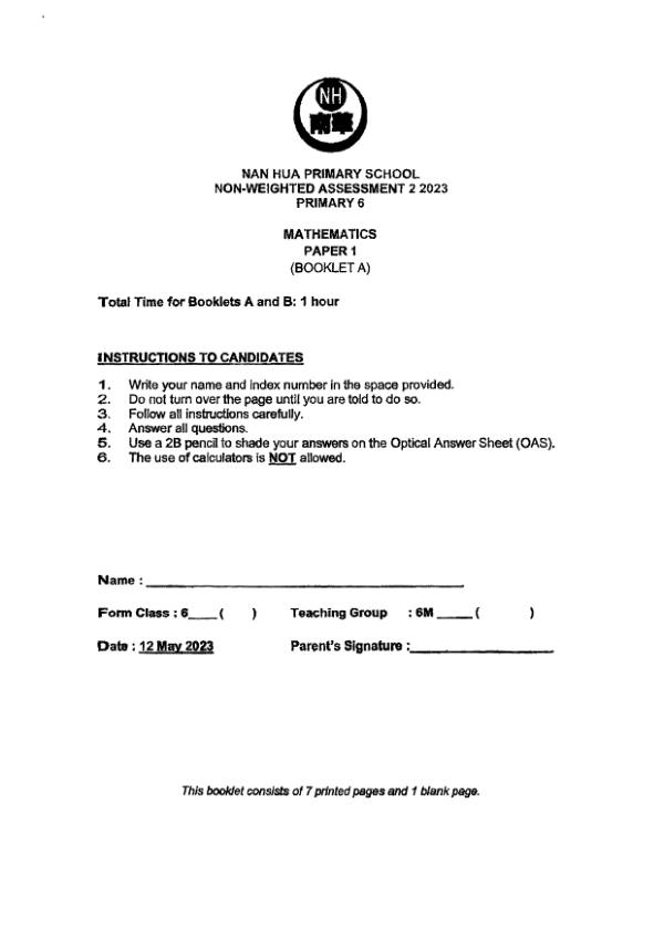 First page preview of P6 Math 2023 WA2 — Nan Hua