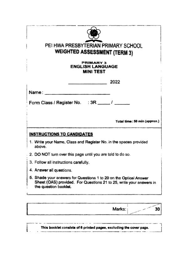 Pei Hwa P3 Eng SA2 2022 exam paper PDF first page preview