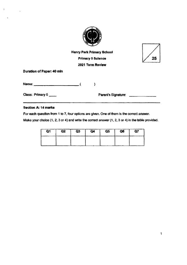 Henry Park P5 Sci WA2 2021 exam paper PDF first page preview
