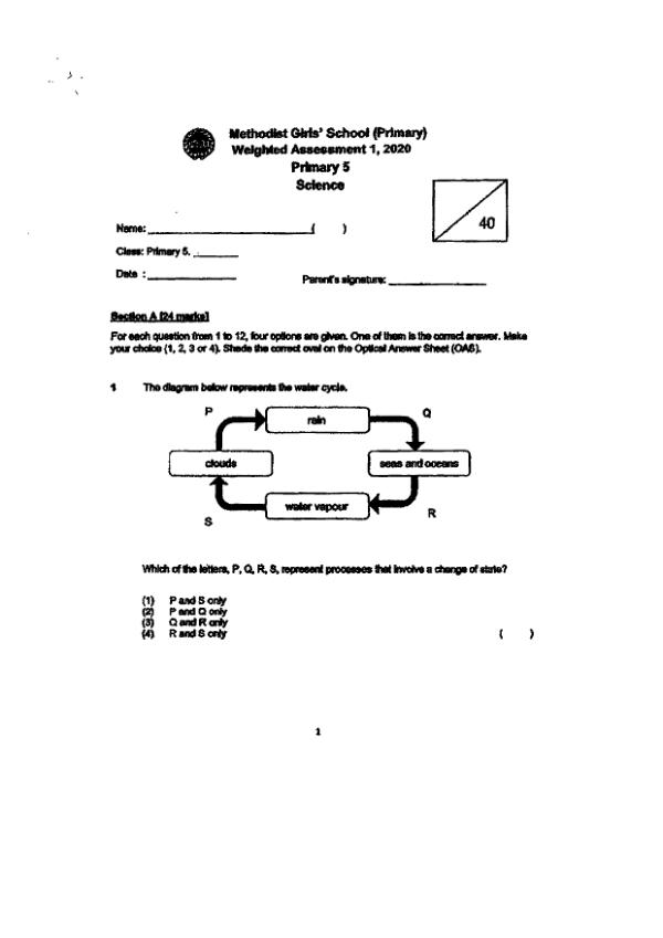 Methodist Girls P5 Sci WA3 2020 exam paper PDF preview