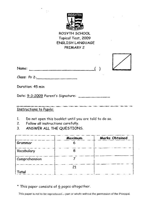 Rosyth P2 Eng WA1 2009 exam paper PDF first page preview