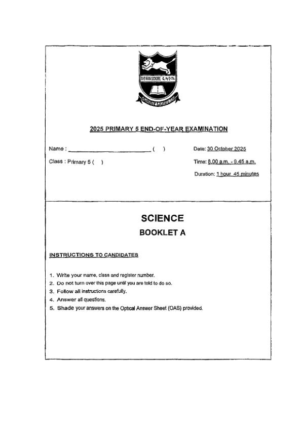 First page preview of P5 Sci 2025 SA2 — Tao Nan