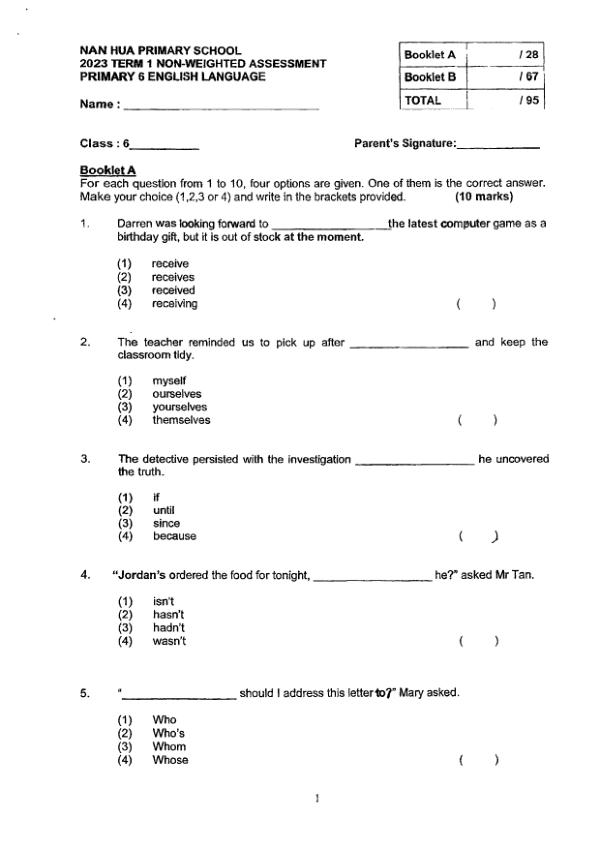 First page preview of P6 Eng 2023 WA1 — Nan Hua