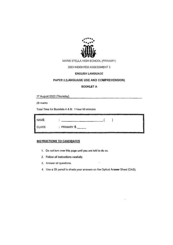 Maris Stella High P5 Eng WA3 2023 exam paper PDF first page preview